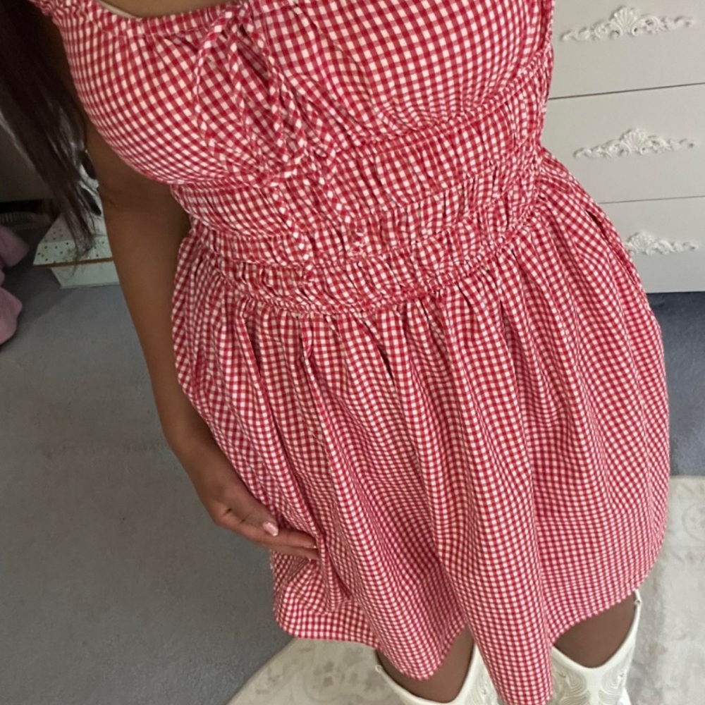 Red Gingham Smocked Waist Tie-Front Sundress